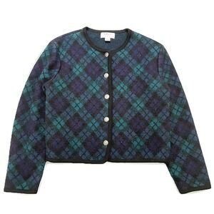 Vtg Talbots 100%‎ Wool Tartan Knit Cardigan Sweater Women L 14 Green Navy Plaid